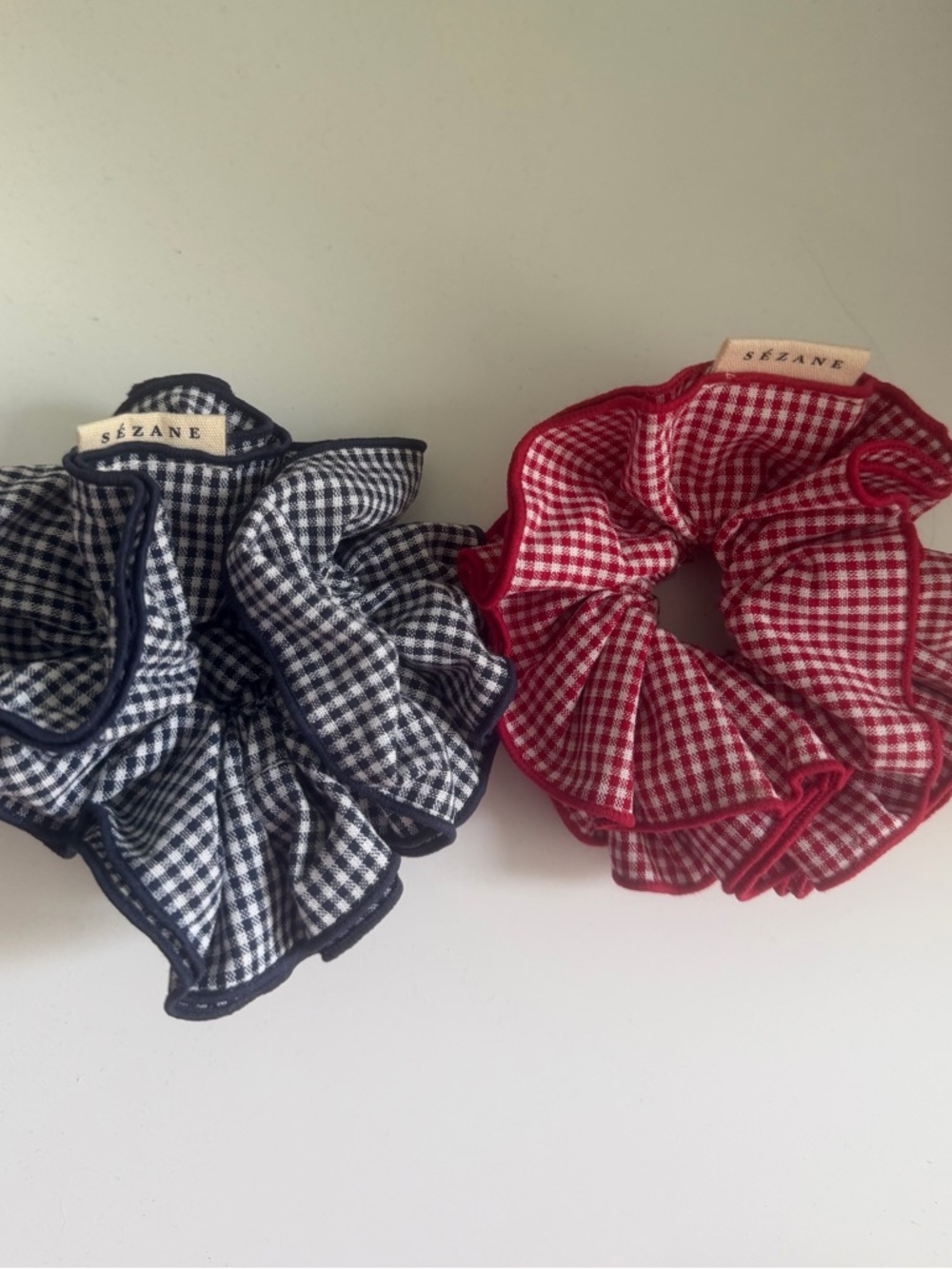 Sezane red and blue scrunchies gingham NWOT